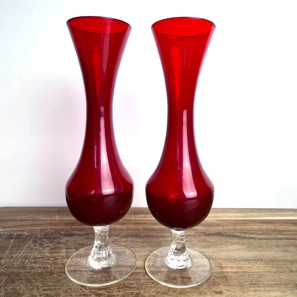 Pair of Vintage Mid-Century Ruby Red Bud Vases Basketweave Clear Stem Base 8